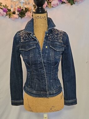 White House Black Market Dark Blue Embellished Denim Jacket